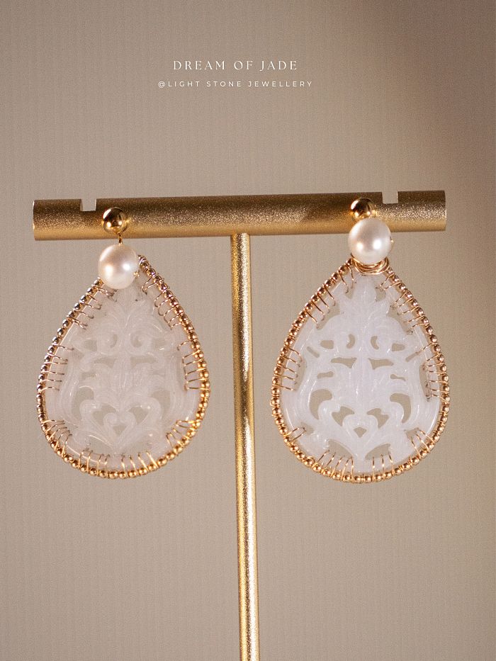 White Jadeite Flower Earrings | Dream of Jade | Handcrafted Jade Earrings | 14K Gold-Filled Accents | Freshwater Pearls