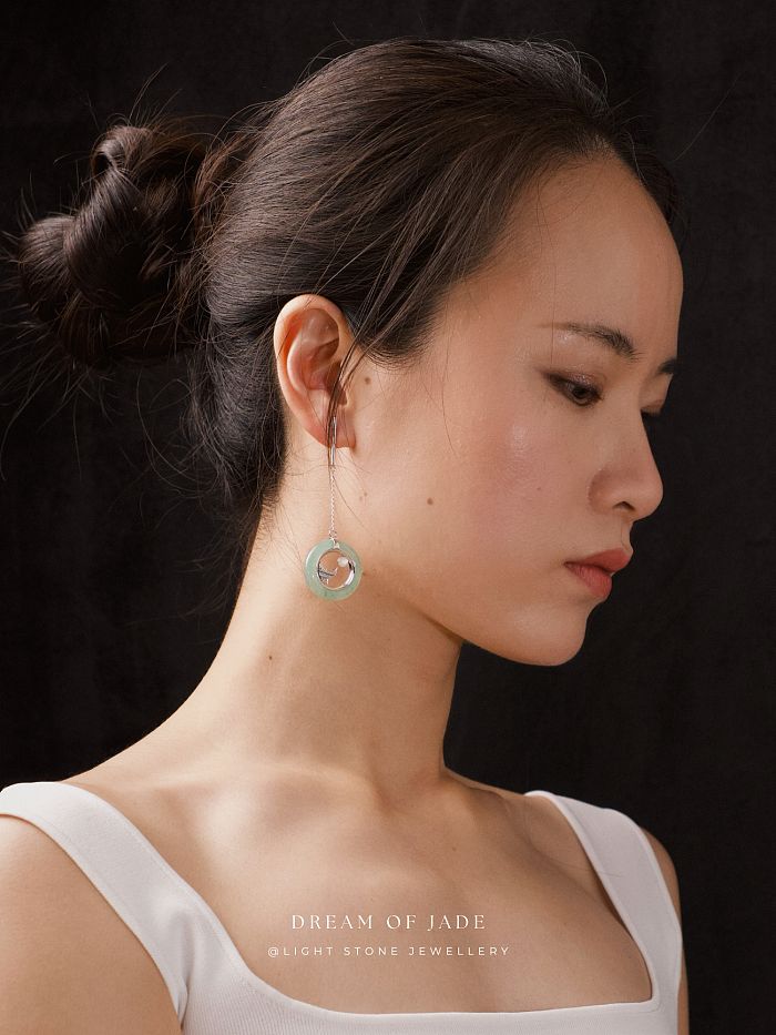 Mountain Moon Earrings | Dream of Jade | Handcrafted Dongling Jade Earrings | 925 Silver | Unique Temple Roof Design with Moon