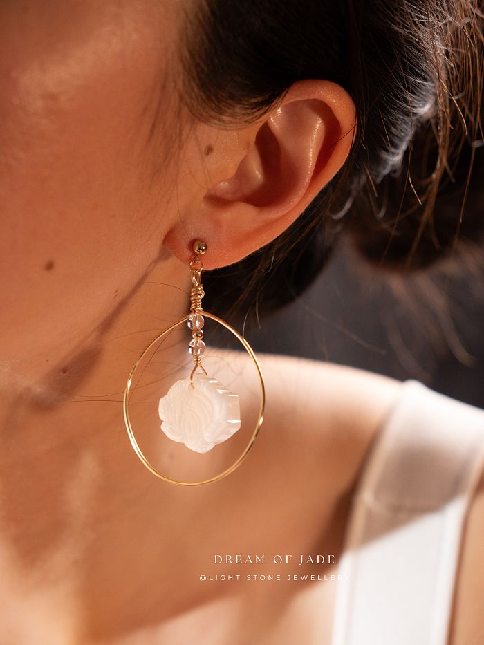 Lotus Earrings | Dream of Jade | Handcrafted White Calcedony Lotus Earrings | 14K Gold-Plated Hooks | Modern Design
