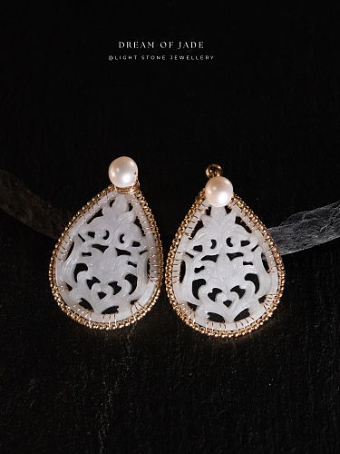 White Jadeite Flower Earrings | Dream of Jade | Handcrafted Jade Earrings | 14K Gold-Filled Accents | Freshwater Pearls