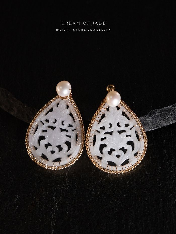 White Jadeite Flower Earrings | Dream of Jade | Handcrafted Jade Earrings | 14K Gold-Filled Accents | Freshwater Pearls