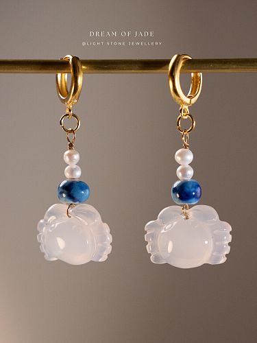 Crab Earrings | Dream of Jade | Handcrafted Chalcedony Earrings | Porcelain & Freshwater Pearl Accents | 925 Silver Gold-Plated Hooks