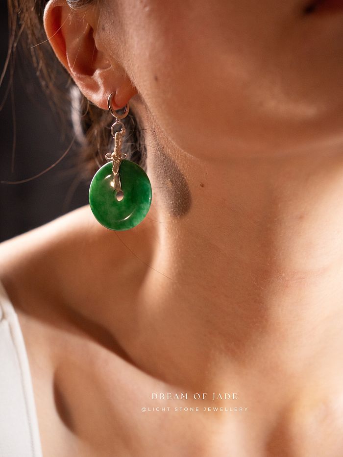 Peace Disc Earrings | Dream of Jade | Handcrafted Green Jade Peace Button Earrings | 925 Silver Plated Hooks | Modern Design
