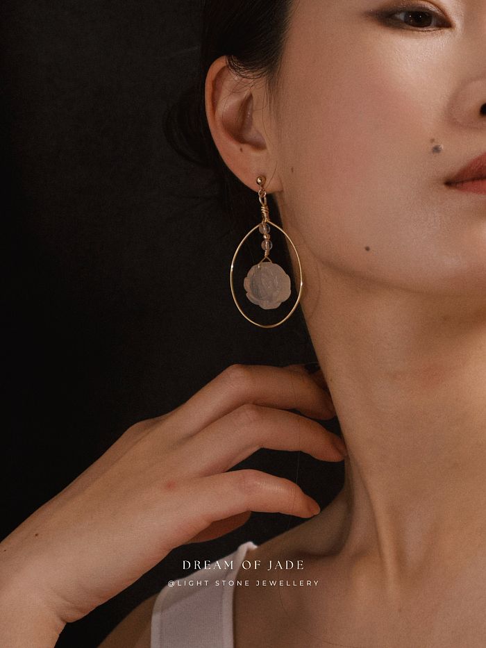 Lotus Earrings | Dream of Jade | Handcrafted White Calcedony Lotus Earrings | 14K Gold-Plated Hooks | Modern Design