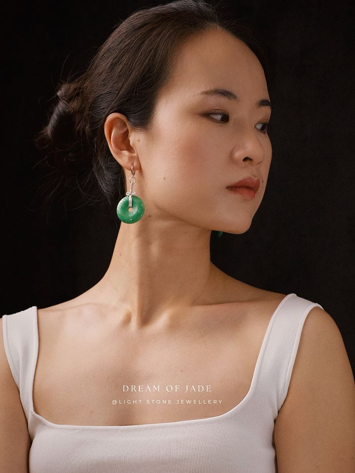 Peace Disc Earrings | Dream of Jade | Handcrafted Green Jade Peace Button Earrings | 925 Silver Plated Hooks | Modern Design