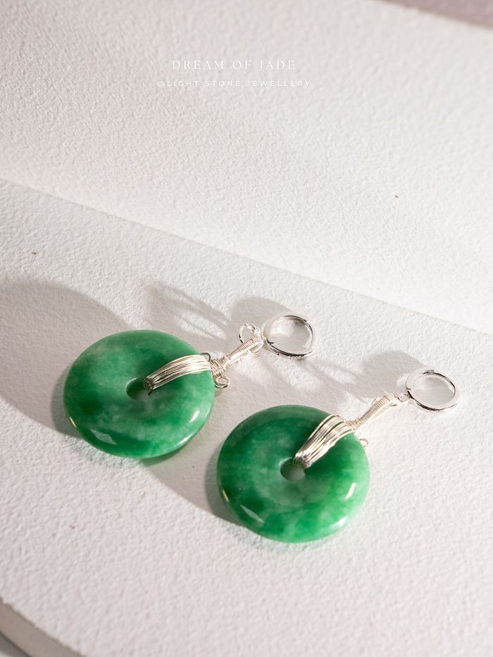 Peace Disc Earrings | Dream of Jade | Handcrafted Green Jade Peace Button Earrings | 925 Silver Plated Hooks | Modern Design