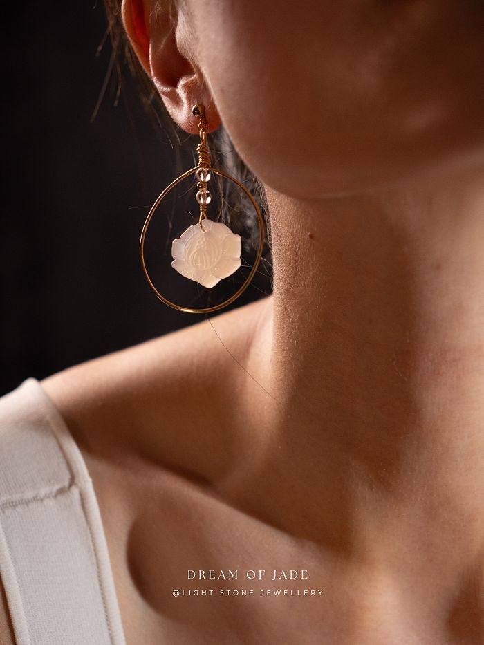 Lotus Earrings | Dream of Jade | Handcrafted White Calcedony Lotus Earrings | 14K Gold-Plated Hooks | Modern Design