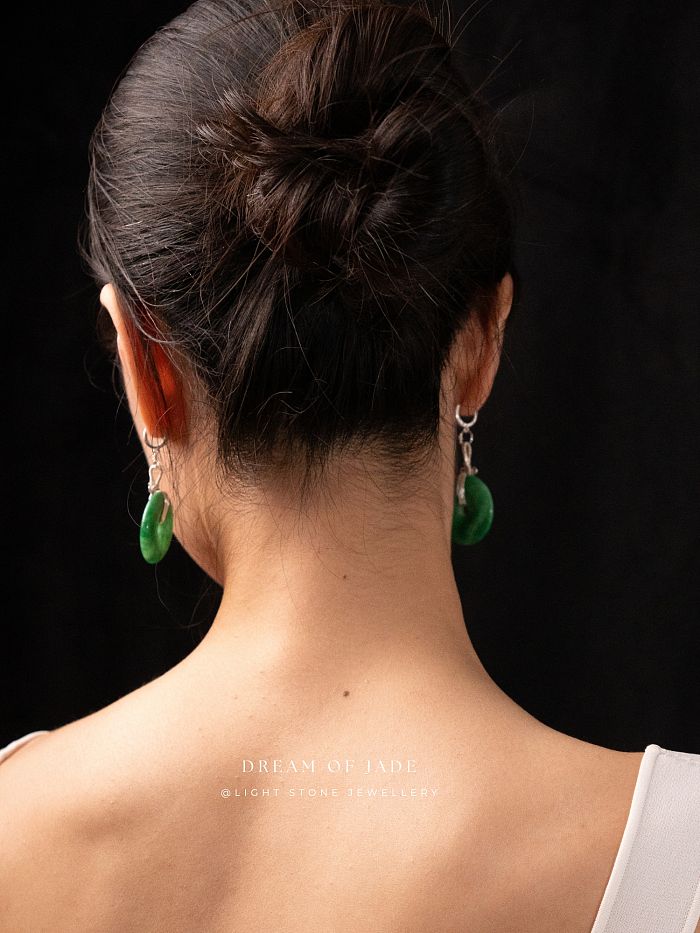 Peace Disc Earrings | Dream of Jade | Handcrafted Green Jade Peace Button Earrings | 925 Silver Plated Hooks | Modern Design