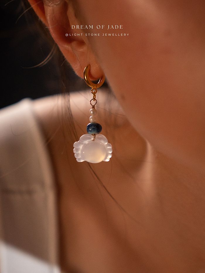 Crab Earrings | Dream of Jade | Handcrafted Chalcedony Earrings | Porcelain & Freshwater Pearl Accents | 925 Silver Gold-Plated Hooks