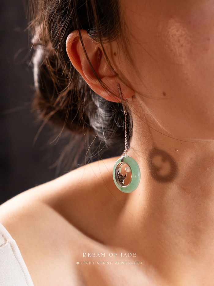 Mountain Moon Earrings | Dream of Jade | Handcrafted Dongling Jade Earrings | 925 Silver | Unique Temple Roof Design with Moon