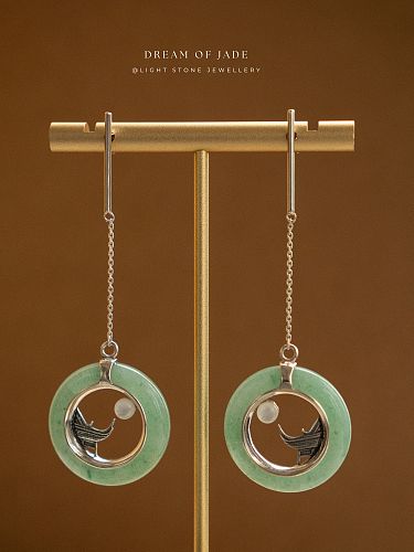 Mountain Moon Earrings | Dream of Jade | Handcrafted Dongling Jade Earrings | 925 Silver | Unique Temple Roof Design with Moon