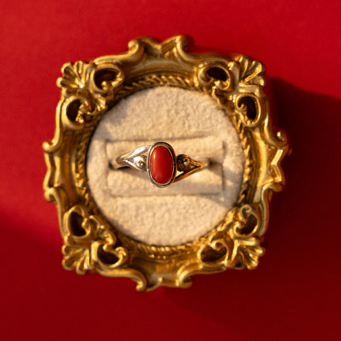 Oval - Red Coral Handmade Silver Ring