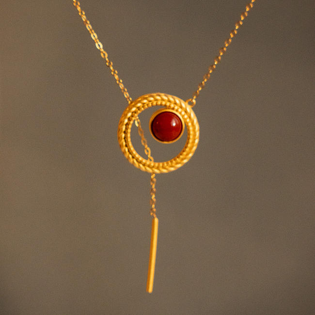 Gold Wheel - Red Agate Silver Necklace