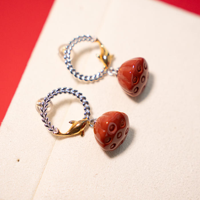 Dolphin Swimming - Red Agate Silver Earrings