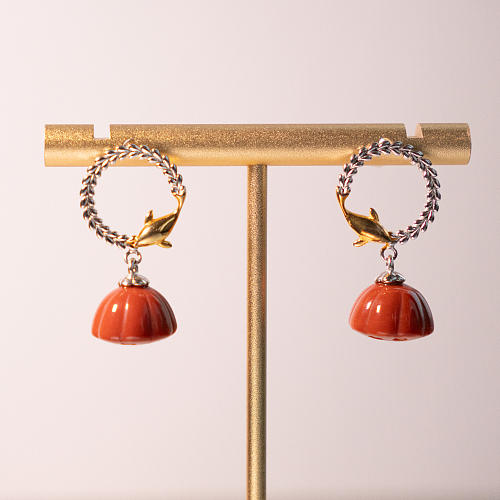 Dolphin Swimming - Red Agate Silver Earrings
