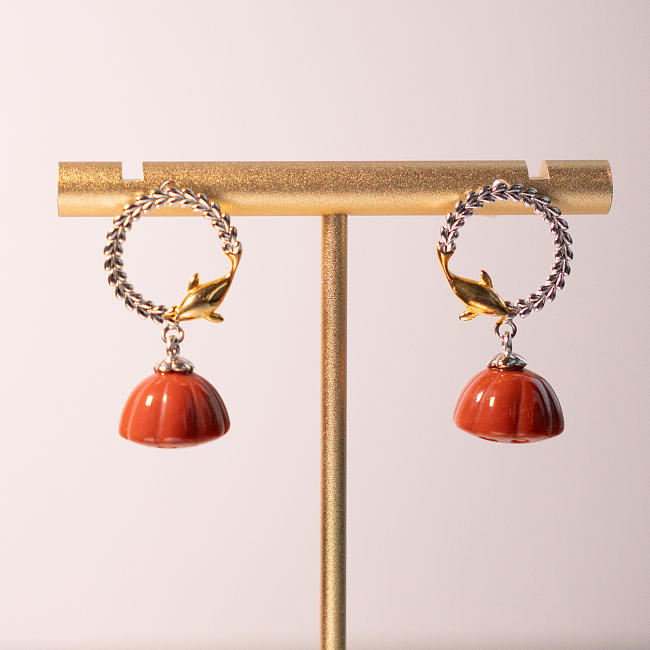 Dolphin Swimming - Red Agate Silver Earrings