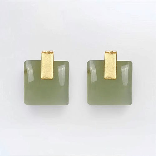 Square - Light Green Jade - Sterling Silver 925 Earrings