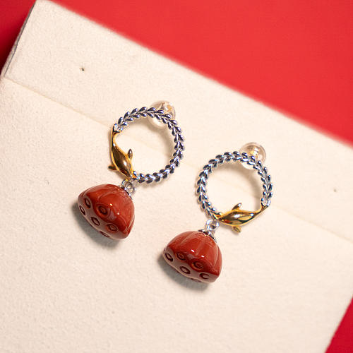 Dolphin Swimming - Red Agate Silver Earrings