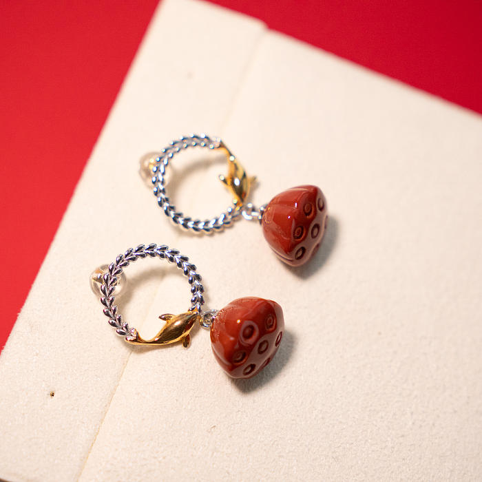 Dolphin Swimming - Red Agate Silver Earrings