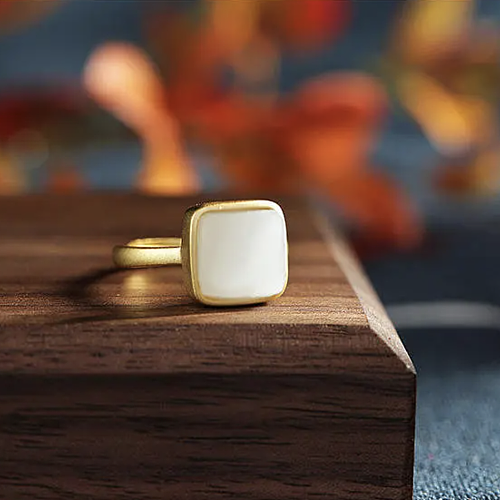 Square - White Jade - Sterling Silver Jade Ring