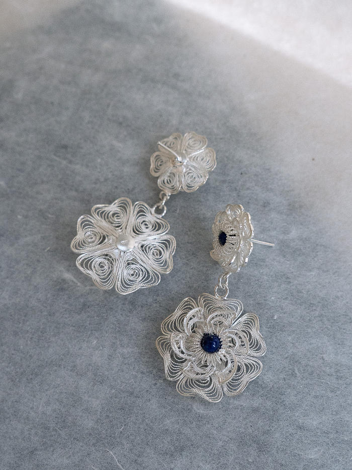 Detail shot of the back of filigree earrings revealing post structure and silver texture