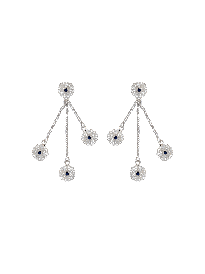 Product photo of cascading filigree earrings with four lapis-set flowers on a white background