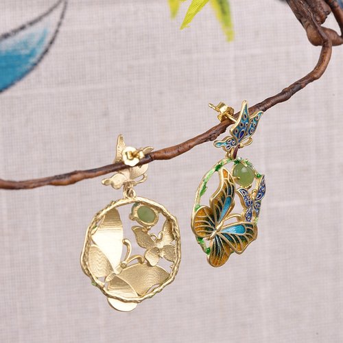 Burning Blue - Cloisonne Butterfly Jade Earrings