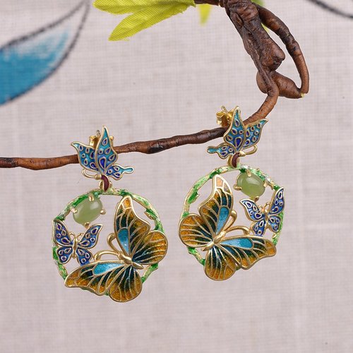 Burning Blue - Cloisonne Butterfly Jade Earrings