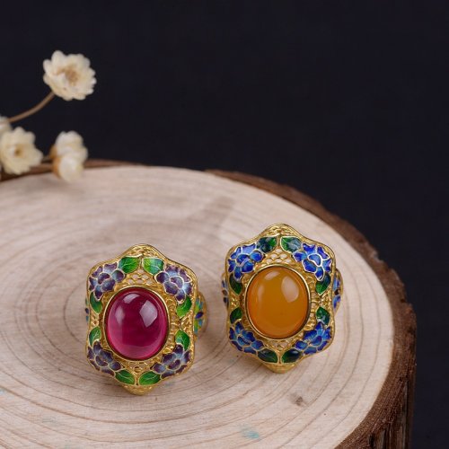 Fobidden City- Burning Blue Cloisonné - Lotus- Guilt Silver Corundum Ring