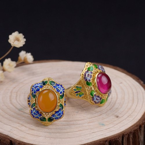 Fobidden City- Burning Blue Cloisonné - Lotus- Guilt Silver Corundum Ring