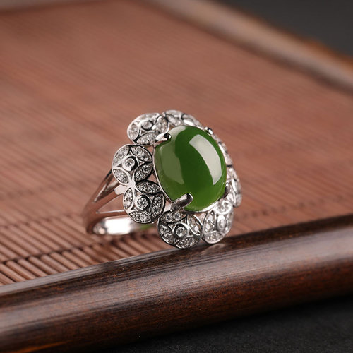 Flower -Green Hetian Jade Silver Ring