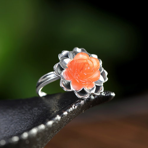 Flower - Red Agate Silver Ring