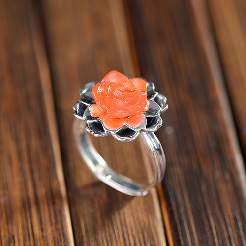 Flower - Red Agate Silver Ring