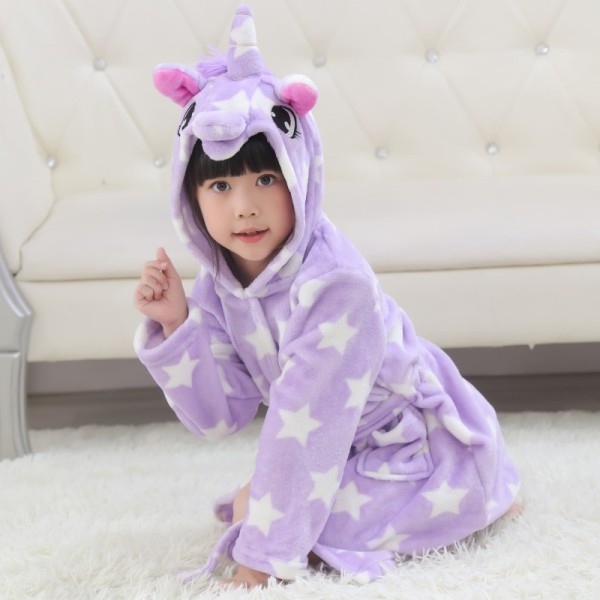 Kids Purple Unicorn Stars Soft Bathrobe Sleepwear Comfortable Loungewear