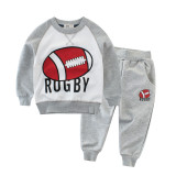 Grey Print Rugby and Slogan Two Pieces Outfits Long Sleeve Sweatershirt and Jogger Pant