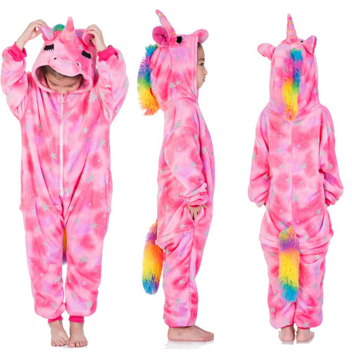 Kids Pink Silver Stars Unicorn Onesie Kigurumi Pajamas Kids Animal Costumes for Unisex Children
