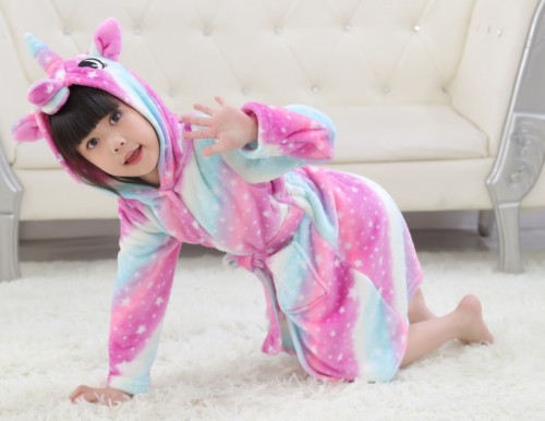 Kids 3 Colors Stripes Unicorn Soft Bathrobe Sleepwear Comfortable Loungewear