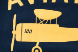 Dark Blue Slogan Airplane Graphics Cotton Long Sleeve  Tee