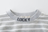  Lucky  Slogan Grey and White Stripes Cotton Long Sleeve Tee