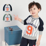 Stripes Print Letter and Number Navy Color Matching Sweatershirt