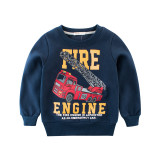 Print Fire Fighting Truck and Slogan Navy Fleece Sweatershirt