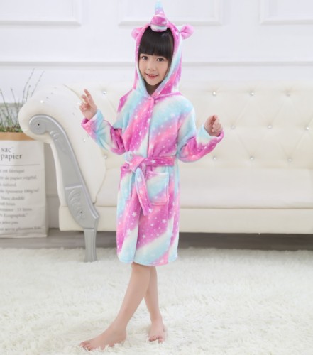 Kids 3 Colors Stripes Unicorn Soft Bathrobe Sleepwear Comfortable Loungewear