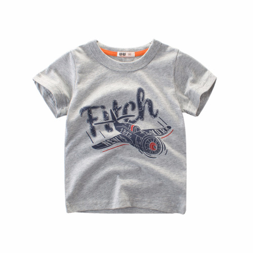 Grey Print Airplane and Letters Cotton Short T-shirt