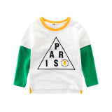 Print Triangle Letters Color Matching Cotton Green Long Sleeve T-shirt