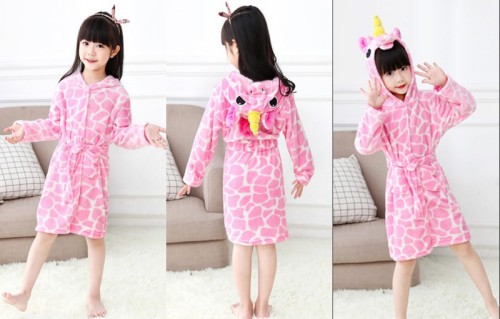 Kids Pink Print Yellow Horn Unicorn Soft Bathrobe Sleepwear Comfortable Loungewear