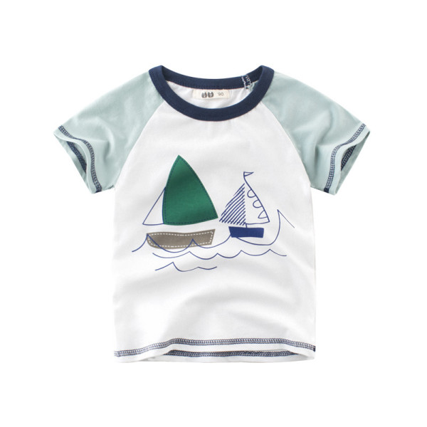 Print Blue Boats Cotton Short T-shirt