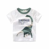 White Print Dinosaur Round Neck Cotton Short T-shirt