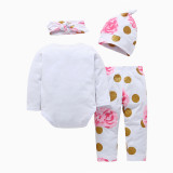 4PCS Baby Girl Print Flower Long Sleeve Romper Pants Bodysuit Hat Headband Clothes Outfits Set