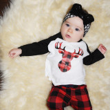 Baby 2 Pieces Print Deer Long Sleeve T-shirt and Plaid Pant Clothes Set