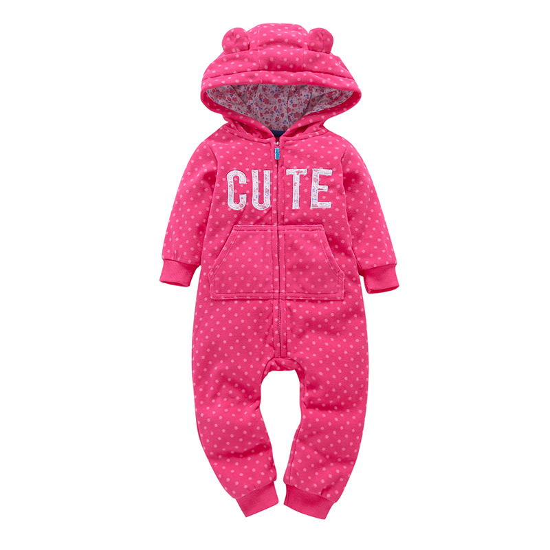 Baby Girl Zip-Up Cute Pink Dots Polar Fleece Long Sleeve One piece